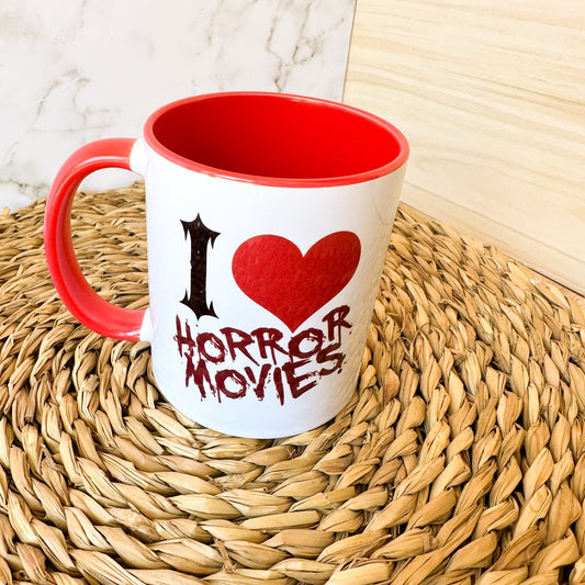 Taza I Love Horror Movies con interior y asa rojos